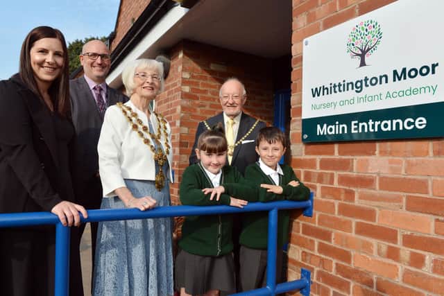 Whittington Moor Nursery and Infants school rebrands from Gilbert Heathcote Nursery and Infant School. Seen are Year 2 pupils James and Caylyn with the Mayor of Chesterfield Councillor Glenys Falconer and her consort Keith Falconer, headteacher Lauren Kay and Dave Williams, CEO of Cavendish Learning Trust