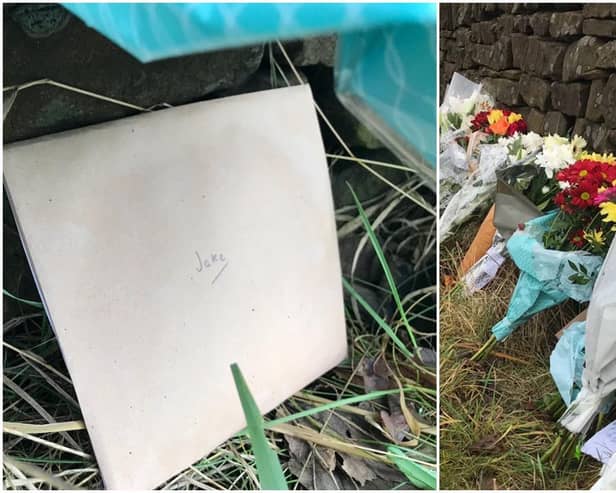 Flowers and a card addressed to 'Jake' laid at the scene of the fatal crash on Hathersage Road in Dore.