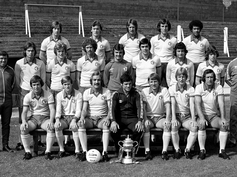 Mansfield Town 1977-78 Back from left: I. McDonald, I. Phillips, K. Bird, C. Foster and J. Miller. Middle row: G. Clarke, I. McKenzie, M. Saxby, R. Arnold, E. Moss, D. Syrett, R. Cooke and J. Basford. Front row: B. Foster, P. Matthews, G. Hodgson, P. Morris manager, S. Pate, J. McEwan and K. Randall.