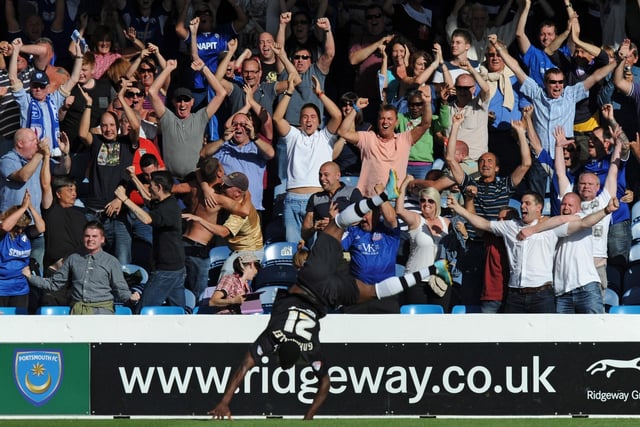 Armand Granduillet celebrates in front of the Chesterfield fans after scoring the opening goal during a Sky Bet League Two match between Portsmouth and Chesterfield at Fratton Park on August 31, 2013.