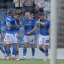 Celebrations after Louie Marsh bags the first of his two goals for Chesterfield against Barnet. Pic by Tina Jenner