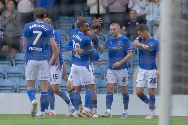 Celebrations after Louie Marsh bags the first of his two goals for Chesterfield against Barnet. Pic by Tina Jenner
