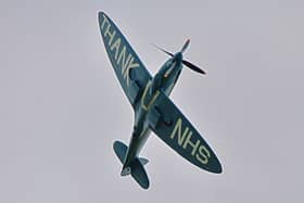 The NHS spitfire flies over Chesterfield Royal Hospital. Photo: Nick Rhodes.