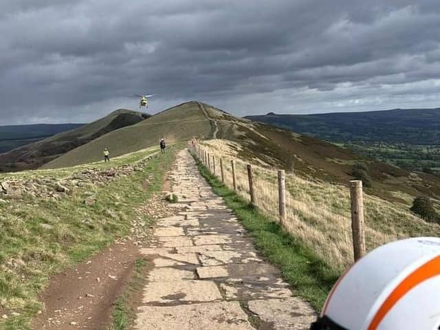 An air ambulance was deployed to the scene. 
Photo: Edale MRT