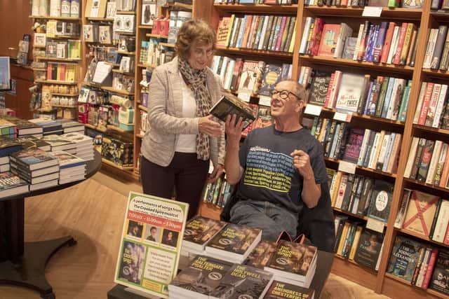 Pat Seymour meets The Crooked Spire author Chris Nickson at a book-signing in Waterstones, Chesterfield  (photograph: Tom Humphries/Ashgate Heritage Arts).