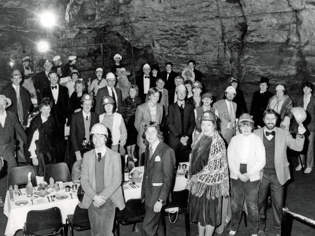 Nationwide Geology Club members enjoy their annual dinner at Castleton's Blue John Cavern, 1985.