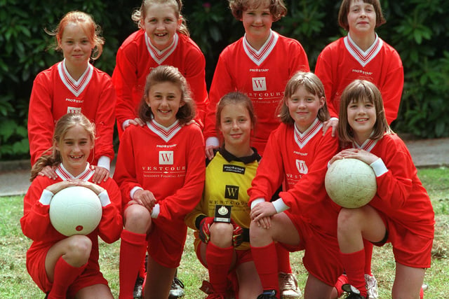 The 1998 Totley girls football team LtoR back row,  Charlotte Wilde, Kate Foley, Megan Randall, and Rosie Aspinall. Frount LtoR, Louise Myers, Claire Wells, Lucy Berry, Ruth Dacey, and Zoe Thirsk.