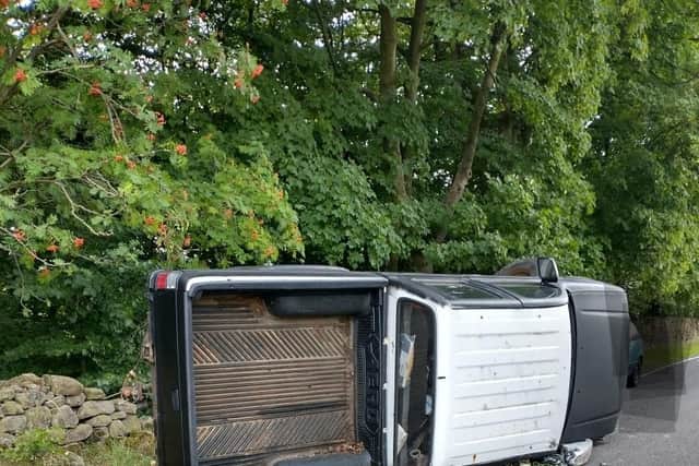 The driver, who was not wearing a seat belt, escaped from the overturned car without serious injury (Picture: Bakewell, Hathersage and White Peak Villages Police SNT)