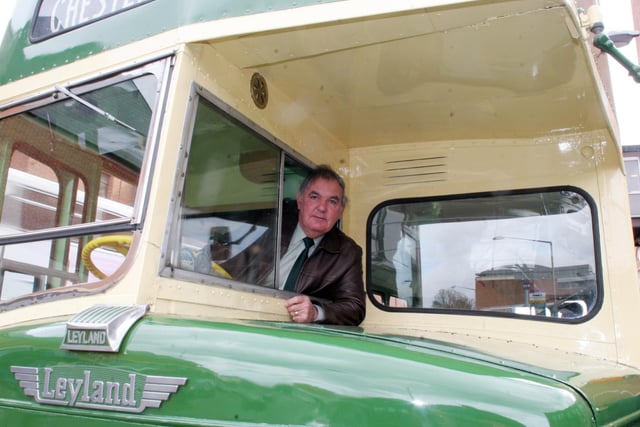 Tony Staley driving an old Chesterfield Transport bus in 2006.