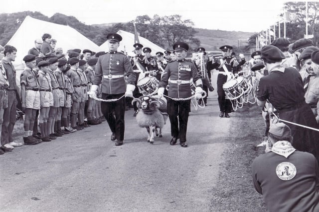The Derby Ram, symbolic of valour, determination and gallantry, is paraded at the flag breaking ceremony for the International Scout Ranboree at Chatsworth in 1965