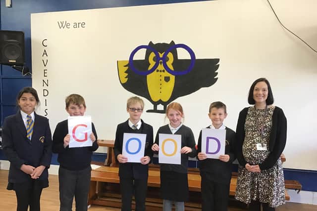 Headteacher Nicola Marlow celebrating the 'good' Ofsted report with pupils at Cavendish Junior School