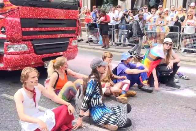 Five Just Stop Oil activists who halted the annual London Pride parade were today [SUN] charged with public nuisance offences. Photo: SWNS