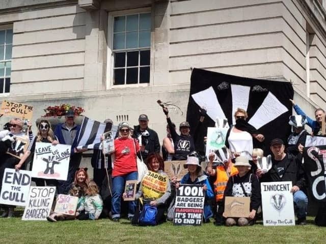 Protestors held banners saying ‘Stop Killing Badgers’ and marched from Chesterfield Town Hall, through Queens Park and assembled by the Crooked Spire. Some dressed as badgers and acted out being shot by camouflaged shooters.