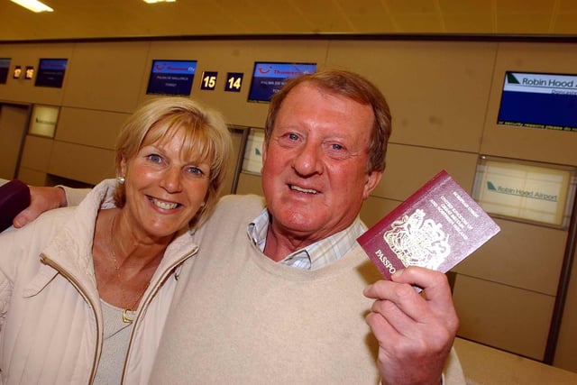 Former Sheffield United player John Barnwell and his wife Eileen check-in at Robin Hood Airport on April 28, 2005 the day of the first flights