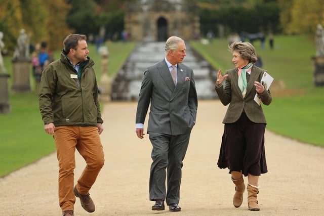The Prince of Wales talks to the Duchess of Devonshire during his attendance at a farming crisis summit at Chatsworth  in 2015. Photo by Tom Maddick/Ross Parry/SWNS.