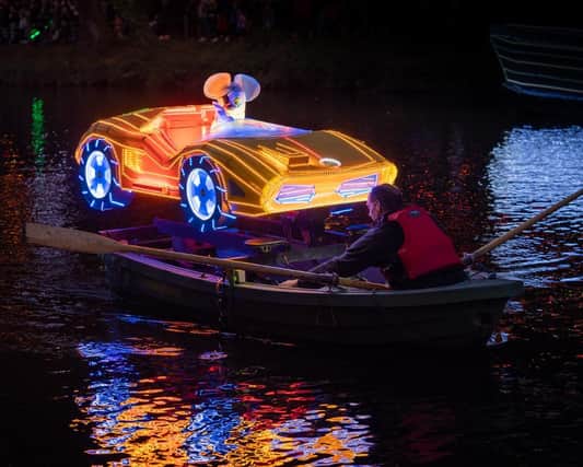 Decorated boat at Matlock Bath Illuminations in 2019.
