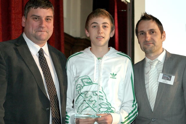 John Croot, from Chesterfield Football Club, and DT editor Phil Bramley with Sporting Achievement winner Liam Pitchford.