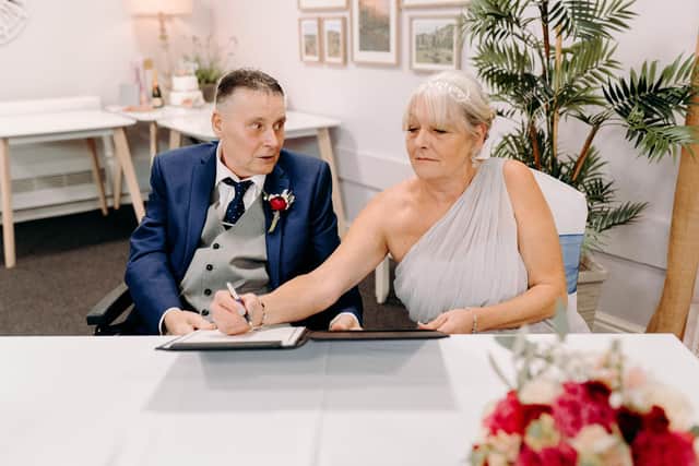 Paul and Hilary got married at Ashgate Hospice earlier this month. 
Credit: Ellie Rhodes - EKR Pictures
