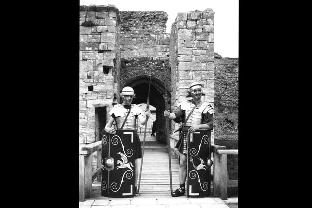 Two Roman Praetorian Guards at the entrance to Portchester Castle on June 25, 1990. The News PP3908