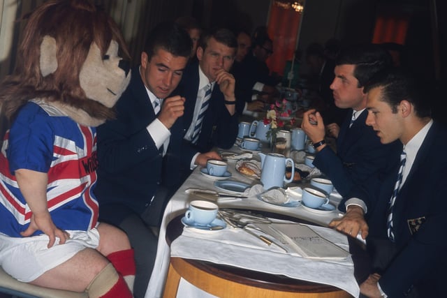 World Cup mascot World Cup Willie having afternoon tea with the West Germany squad at Ashbourne during the 1966 World Cup in England. Picture taken on 12 July 1966. (Photo by Hulton Archive/Getty Images)