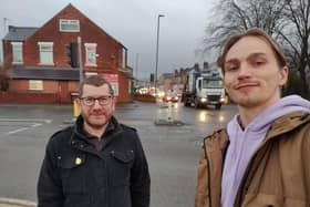 Derbyshire Green Party Co-ordinator Darren Yates (left) and Green Party campaigner and Wingerworth Parish Councillor, Frank Adlington-
Stringer (left) at the A61 Storforth Lane junction - just one of the areas plagued by congestion and traffic issues