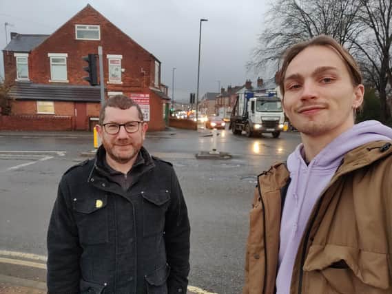 Derbyshire Green Party Co-ordinator Darren Yates (left) and Green Party campaigner and Wingerworth Parish Councillor, Frank Adlington-
Stringer (left) at the A61 Storforth Lane junction - just one of the areas plagued by congestion and traffic issues