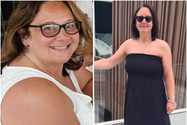 The before and after photos that tell the tale of Gemma Dring's weight loss. On the left, she is on holiday in October 2019, weighing about 14st 3lb, and on the right, she is pictured on holiday a year later.