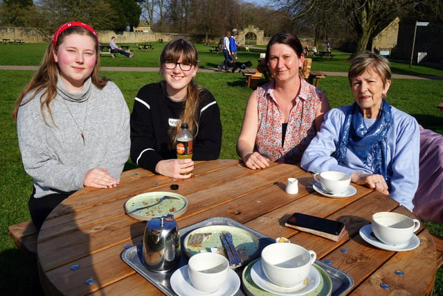Amelia, India, Pauline Evans and Kate Mitton enjoy afternoon tea in the grounds of Hardwick Hall.