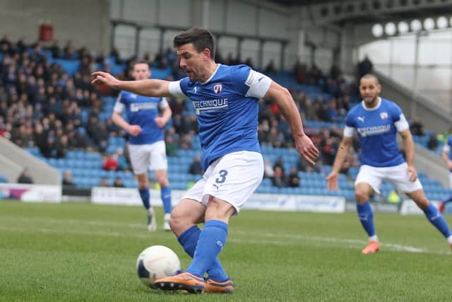 Chesterfield face second-placed Harrogate Town on Tuesday night. Pictured is Spireites defender David Buchanan.