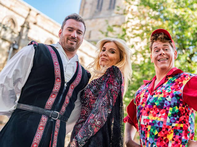 Michelle Collins, Jai McDowall, left and Lloyd Warbey star in Sleeping Beauty at Chesterfield's Winding Wheel Theatre (photo: Alex Harvey-Brown/Savannah Photogaphy)