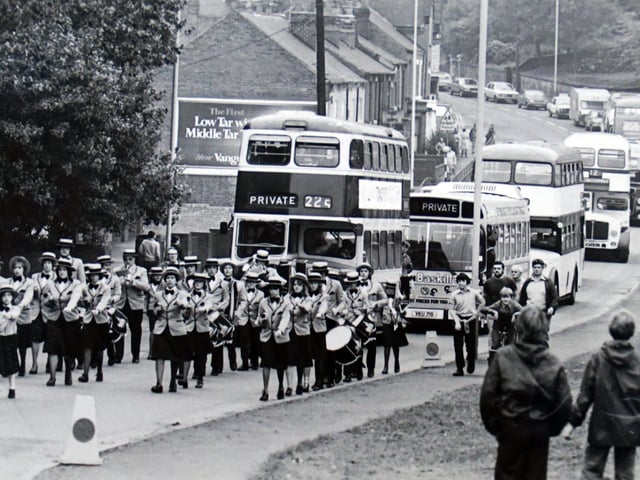 A procession of old buses along Sheffield Road, in Chesterfield in 1980.