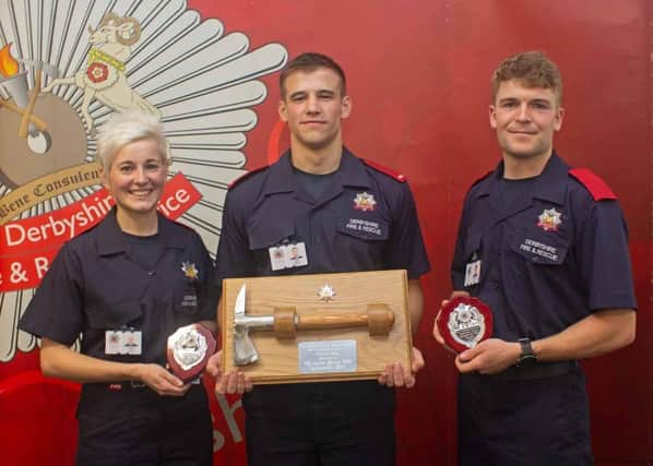 L-R. Firefighter Imogen Trinder (Buxton Station), firefighter Adam Mears (Glossop Station) and firefighter Christopher Day (Chesterfield Station)