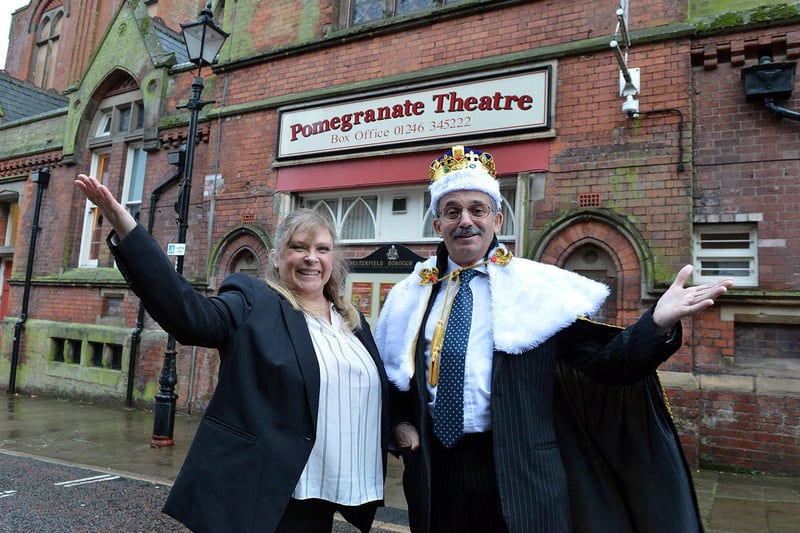 A Government grant for Chesterfield's Pomegranate Theatre is celebrated by actors Susan Earnshaw and David Gilbrook from Love upon the throne.