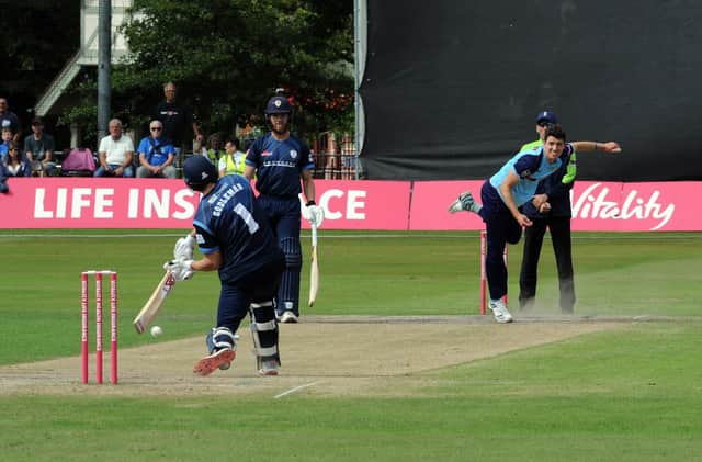 Yorkshire's Matthew Fisher bowls to Falcons' Billy Godleman during the 2019 Chesterfield Festival of Cricket. Picture Tony Johnson.