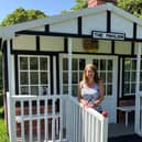 Tracy Reid in her cricket pavilion-style summerhouse, a 50th birthday present from her husband, where she will serve teas during her open garden weekend.