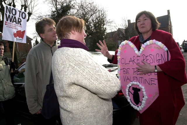 Former MP Clare Short meets anti war campaigners as she opens the new Labour party HQ in Chesterfield, on Friday, February 14, 2003