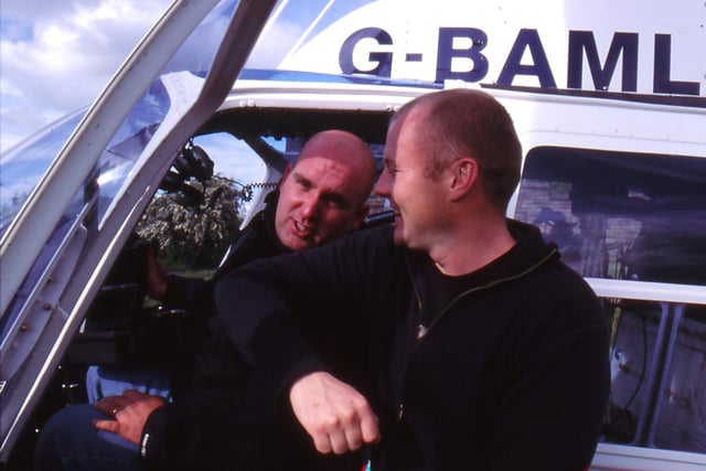 Director Shane Meadows, left, and producer Mark Herbert on the shoot of Dead Man's Shoes about to go off filming in helicopter over Matlock