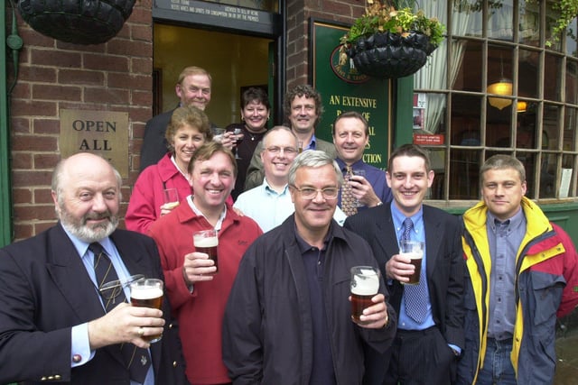 Pictured at the  Market Pub, in New Square, Chesterfield, where the MarkeTears Investment Club members - Andy Woodward, Dave Sampson, Dave Tomlinson, Mark Lodge, Ted Brooker, John Brear, Marie Sampson, Howard Borrell, Margaret Borrell, Ian Randel, and Keith Toone, in May 2001.