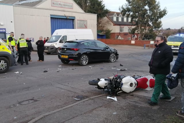 The motorbike and car involved in the collision (pic by Hezzie James)