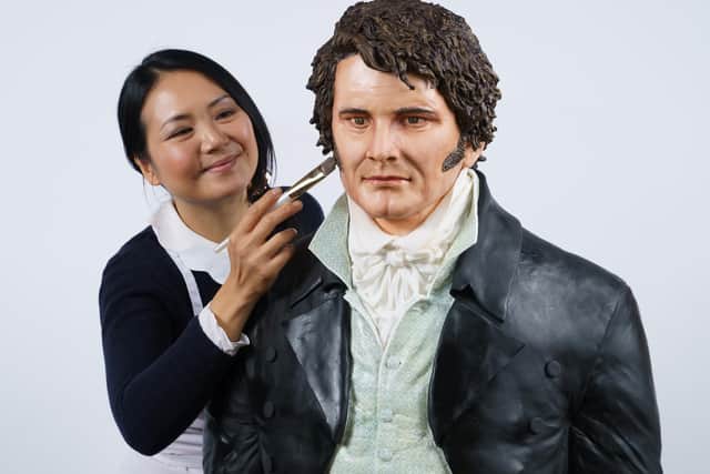 A life-sized cake of Mr Darcy, as played by Colin Firth in the TV mini-series of Pride and Prejudice, has been created by world-famous cake designer Michelle Wibowo in the 25th anniversary year of the iconic series to celebrate the launch of Jane Austen season on Drama, which airs on Sundays, 6th – 20th  September. 
Image credit: UKTV /  Pinpep