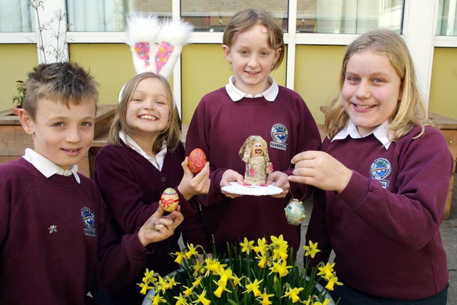 Bakewell Methodist Junior School pupils Jordan Fletcher, 9, Lily Gaunt, 7, Caroline Tranter, 9 and Tilly Littler, 11, with their winning designs for the decorated Easter egg competition.