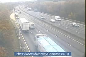 One lane remains currently closed  on M1 Southbound at J29 A617 (Chesterfield / Mansfield). Credit: Motorway Cameras