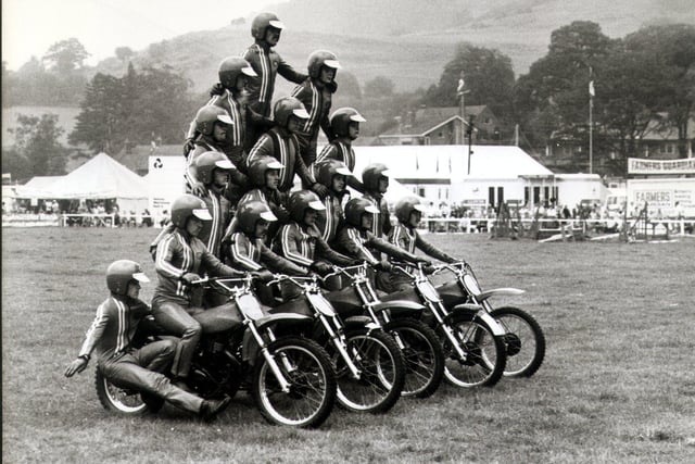 A motorcycle display team entertains the crowds at Bakewell Show in 1982.