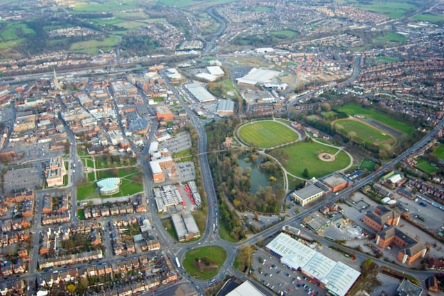An aerial shot of Chesterfield town centre