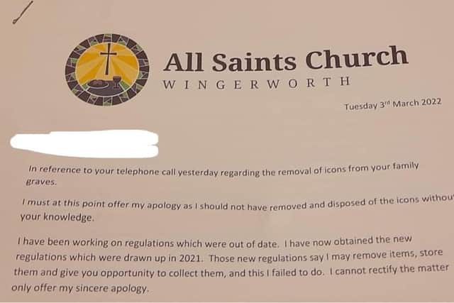 The letter received by one of the bereaved families affected by changes at All Saints Church