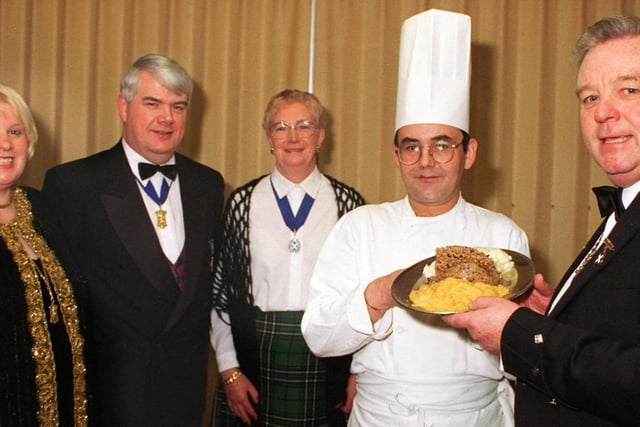 President of the Doncaster Caledonian society  was presented with the haggis by the head chef at the Earl of Doncaster Hotel Dave Ward in 1997