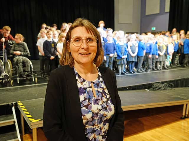 Katheryn Hobbs CEO Christopher Nieper education trust with school children from David Nieper, Stonebroom primary, Croft infants, Fritchley primary, Woodbridge Juniors and Alfreton Park performing at the annual concert.