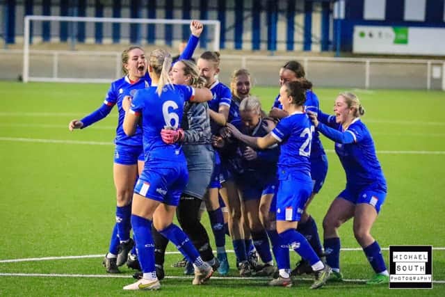 Chesterfield Ladies celebrate their penalties victory. Photo: Michael South.