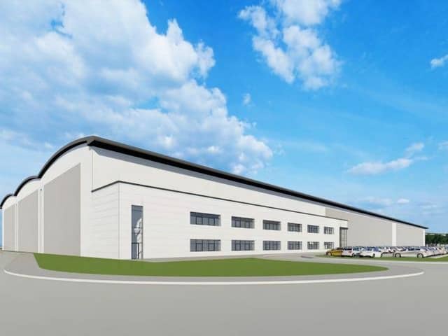 Computer generated image of how a proposed employment unit containing warehouse and office space would look.
