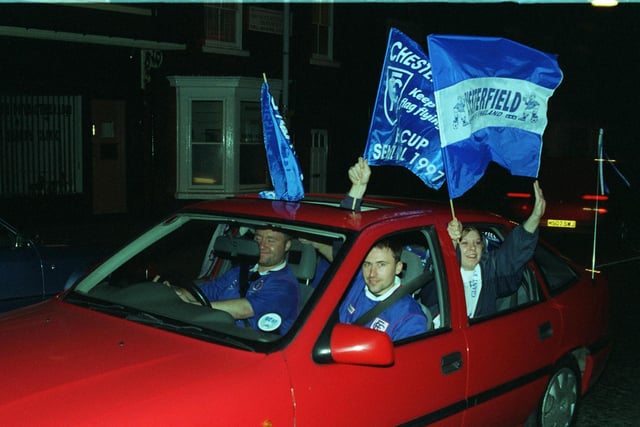 Jubilant fans arrive back in Chesterfield after the 3-3 draw with Middlesborough.